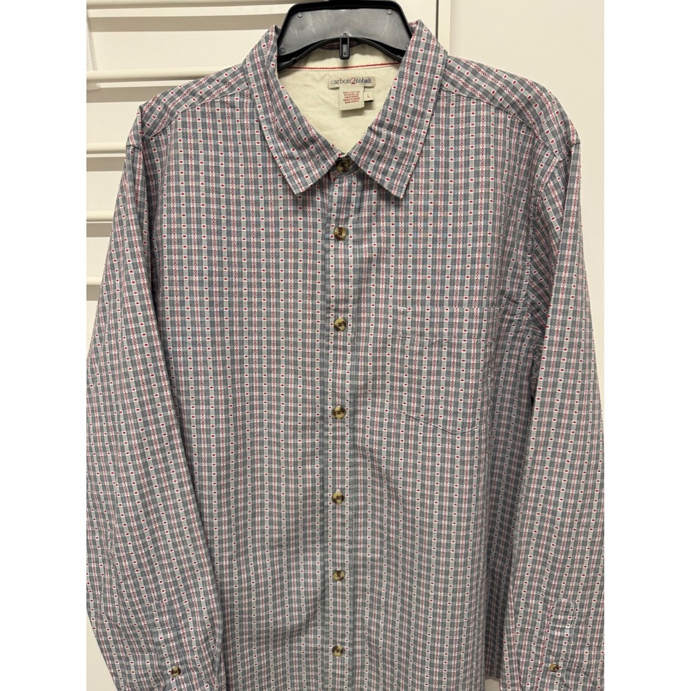 Carbon2Cobalt Mens Large Grey Red Geometric‎ Plaid Cotton Button Down Shirt L